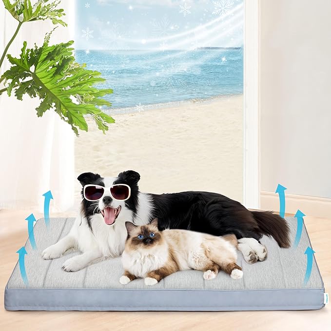 Cooling Dog Bed for 2XL Large Dogs - Orthopedic Pet Beds with Memory Foam, QMAX>0.5, Waterproof Removable Washable Cover for Hot Weather, Gery, 47" L x 29" W x 3" H