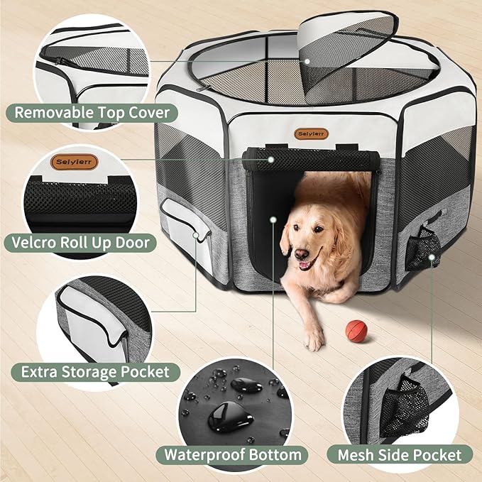 Seiyierr Puppy Playpen, 45" Portable Dog Playpen, Pet Playpen for Dogs Cats, Pop Up Playpen and Exercise Play Pen Dog Tent Indoor/ Outdoor, Removable Shade Cover