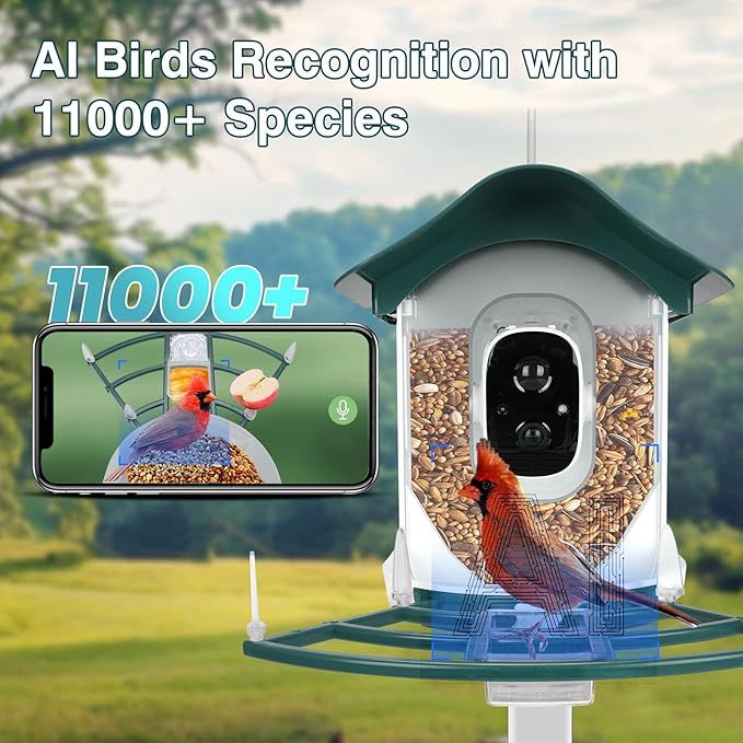 Smart Bird Feeder with Camera,AI Identify Bird Species,Auto Record 2K Video in Backyard Garden,Live View,Solar Powered Charging,Ideal Gifts for Family and Lovers (Blackish Green)