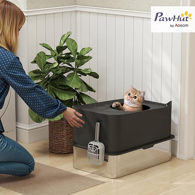 PawHut XL Stainless Steel Litter Box, Extra Large Enclosed Cat Litter Pan with High Wall Sides, Scoop, Top Entrance, Non-Slip Pads, Anti-Urine Leakage, Non-Sticky, Black