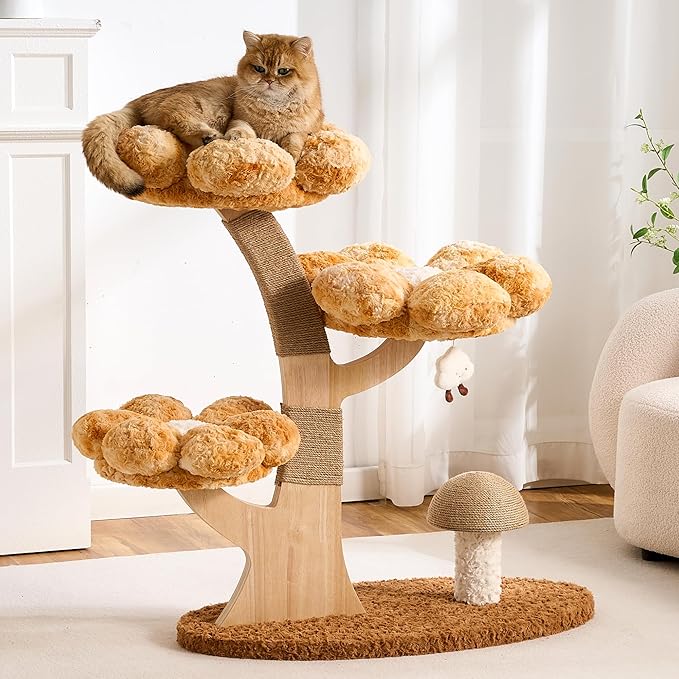 Aesthetic Flower Cat Tree Tower for Indoor Cats, 37" H Modern Cat Tree with Wood Sculpted Branch Scratching Post, Washable Flower Cat Beds, Mushroom Scratcher & Interactive Squeaky Toy, Brown