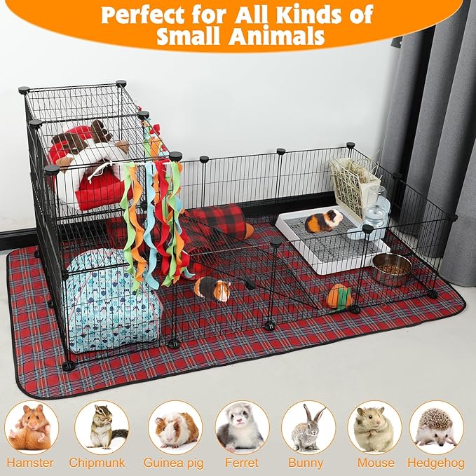 FHTONGE Extra Large Guinea Pig Cage Loft with 2 Waterproof Bedding, DIY Expandable Guinea Pig Playpen with Mat, Modular Small Animal Playpen with Mat for Rat Hamster Chinchilla Bunny (24x C&C Panels)