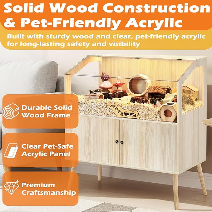 PROLEE Hamster Cage with Storage Cabinet,Large Hamster Encloure Chew Proof Wood,Clear View Hamster Habitat for Guinea Pig, Ferret, Rat, Hedgehog, 40" L x 20" W x 47" H (Oak)