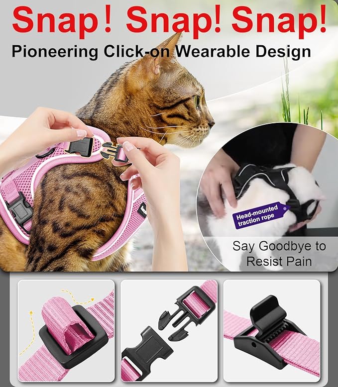 Cat Harness and Leash for Walking Escape Proof Soft Adjustable Cat Leash Breathable Comfortable Vest Easy to Wear Kitten Harness for Outdoor Travel (Pink, M (13-18lb))