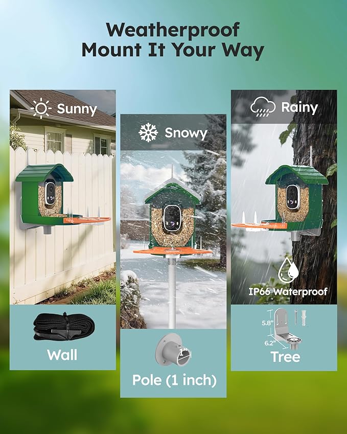 Smart Bird Feeder with Camera Solar Powered for Outdoors 2K FHD AI Recognition Hanging Bird Feeder Camera for Outside Backyard Garden, Gifts for Birdlover Mom Dad Kid (Dark Green and Orange)
