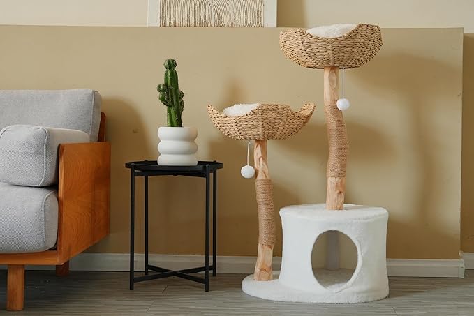 Natural Modern Cat Tree Tower – Wooden Cat Condo with Dangling Ball, Cozy Baskets, Scratching Posts, for Large Indoor Cats, Solid Wood Aesthetic Pet Furniture(43" Tall)