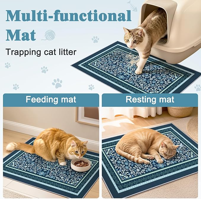 Bienbee Cat Litter Mat, 2PCS 33"x22" Machine Washable Litters Box Mats Non-Slip &Waterproof Cat Litters Trapping Mats Easy to Clean Mat for Litter Box Less Waste Protects Floors Navy Blue L
