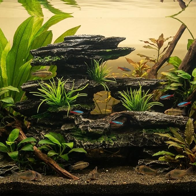 Aquarium Decor Mountain View Stone Ornament, Premium Landscape Fish Tank Decorations, Fish Tank Accessories, Ideal for Betta, Snails, Turtle, Hiding, Playing, Basking and Resting Spots