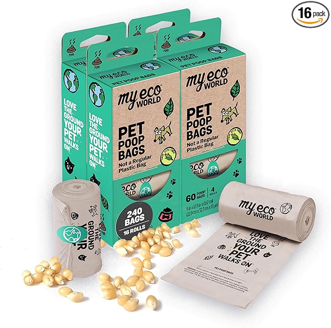 MyEcoWorld® Compostable Pet Poop Bags - Made with Corn and Other Certified Compostable Materials - 240 Bags - 16 Roll - Extra Strong - Leak Proof - Unscented - Easy to Open