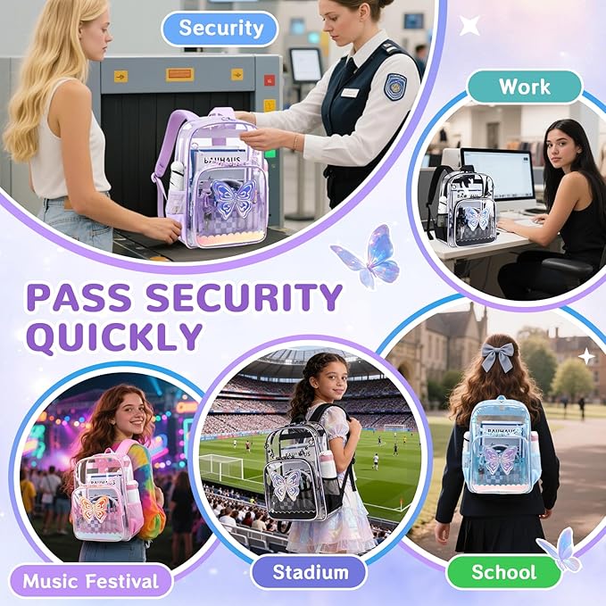 MUSEVOS Clear Backpack, Clear Bookbag for School PVC Heavy Duty Transparent Backpack for Girls, Purple Butterfly