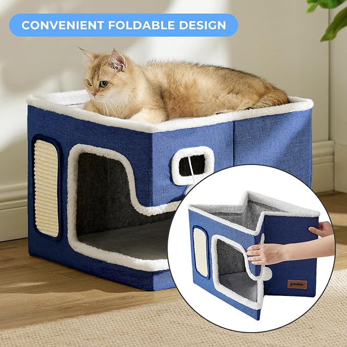 ZOMISIA Cat Beds for Indoor Cats - Large Cat House for Pet with Fluffy Ball Hanging and Scratch Pad, Foldable Cat Hideaway,16.5x16.5x13 inches, Navy
