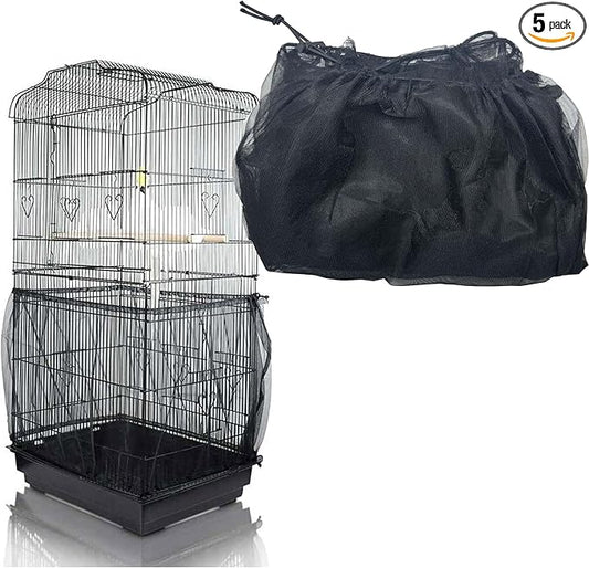 Bird Cage Seed Catcher, Large Bird Cage Cover, 75-118'' Universal Adjustable Birdcage Cover Skirt Soft Airy Nylon Mesh Net for Parakeet Macaw African Round Square Cage, Black