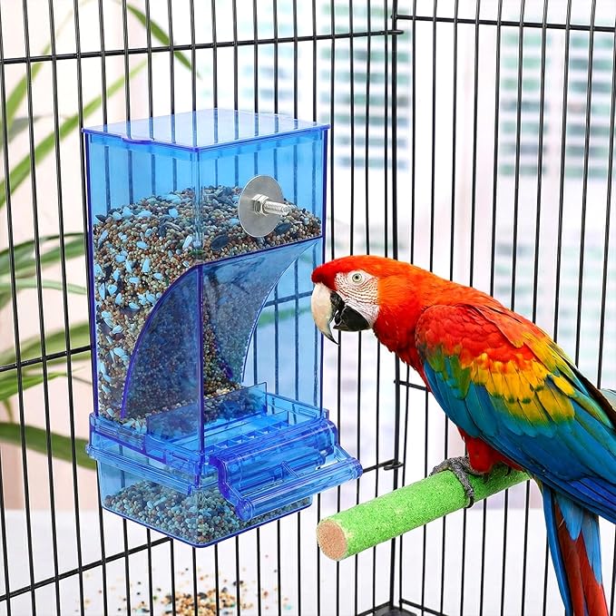 Yaomiao 8 Pcs No Mess Small Bird Feeders Automatic Parakeet Water Dispenser with 4 Pcs Cage Perch Clear Quail Feeder and Watered Cage Accessories for Small and Medium Parakeet Cockatiel Canary(Blue)