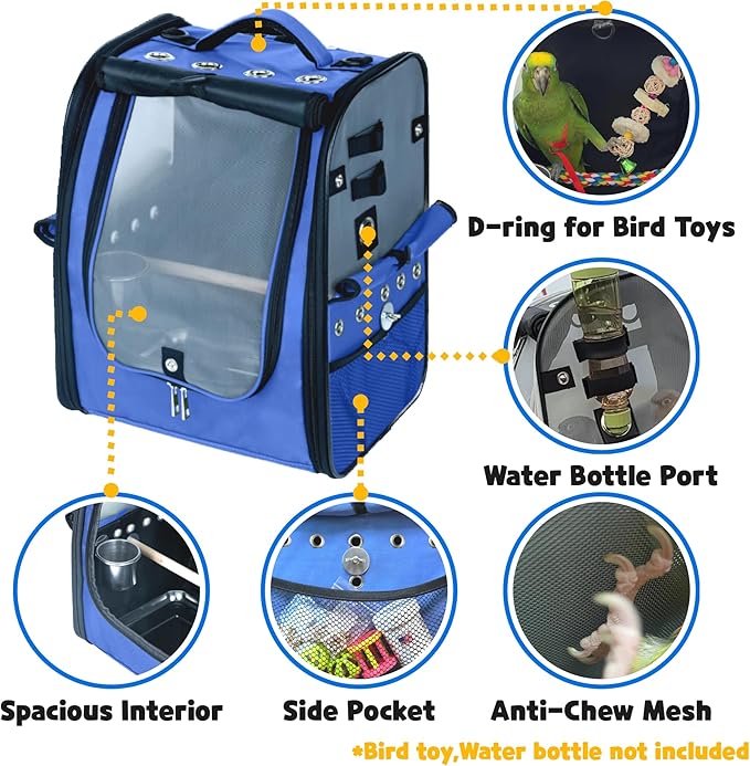 Birds Day Bird Carrier Backpack - Breathable Mesh Portable Parrot Travel Cage with 2PCS Perch, Food Bowl, and Stainless Steel Tray (Sky Blue)