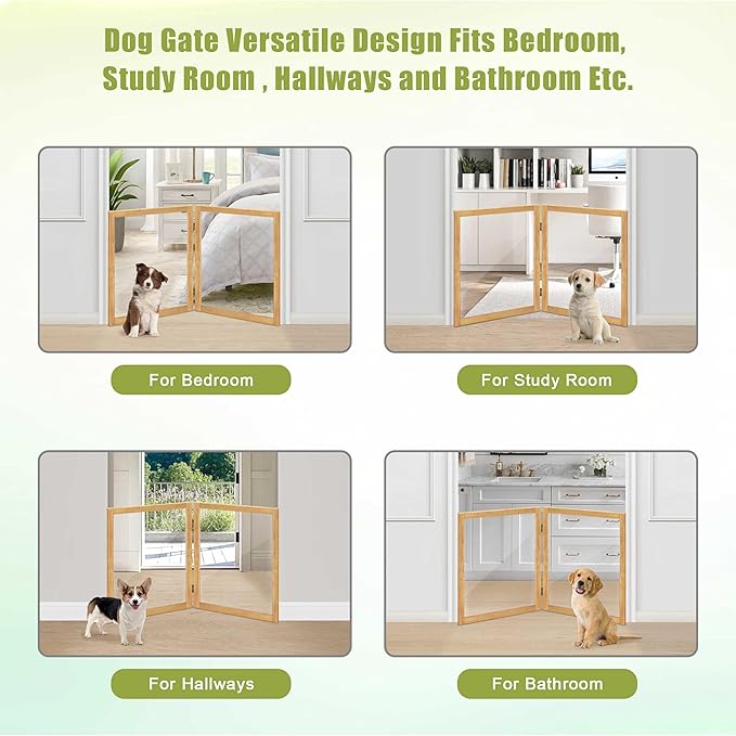 LZRS Clear Dog Gate for Indoor Use - Transparent Pet Fence with Solid Hardwood and Plastic Board, Stylish & Durable freestanding Pet Gate for Doorways, Stairs and Hallways-2 Panel Natural