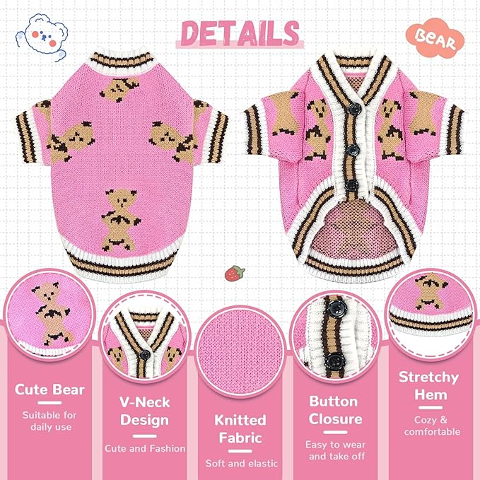 ABRRLO Small Dog Sweaters Cute Bear Dog Cardigans Clothes for Small Medium Dogs Boy Girl Puppy Cat Knitting Cardigan Outfits Dogs Winter Coats Warm Pet Doggy Clothes Soft Knitwear (Pink, X-Small)