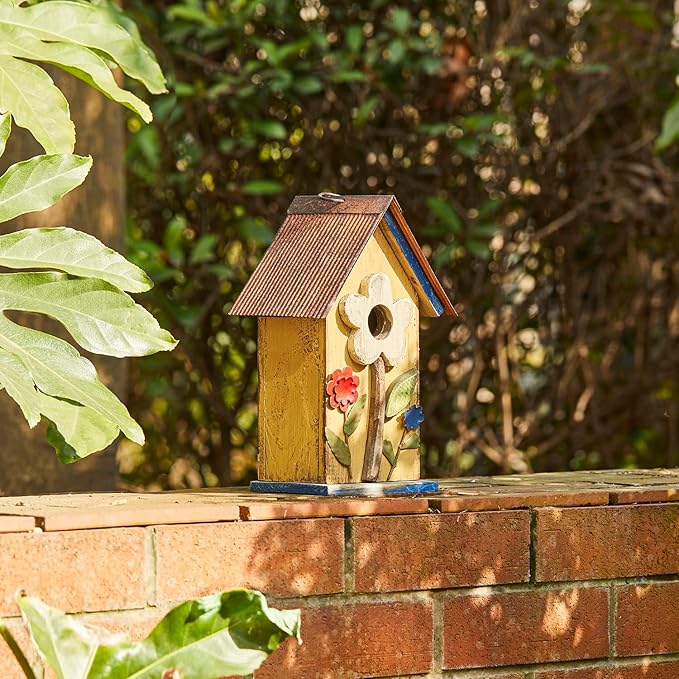 Glitzhome Bird Houses for Outside, 10.25" Wooden Bird House Hanging Birdhouse Distressed Flower Garden Bluebird House for Outdoor, Bird Nest Box for Bluebird Wren Chickadee Sparrow