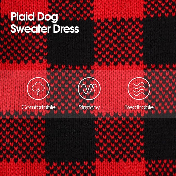 Dog Sweater Dress Plaid Knitwear for Small Medium Dogs Warm Puppy Pet Turtleneck Stretch Pullover Cute Fall Winter Vest Clothes with Leash Hole for Christmas (Red, M)