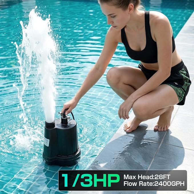 D-HONOR Sump Pump Submersible Utility Water Pump 1/3HP 2400GPH | Thermoplastic Electric Portable Transfer Drain Pump for Swimming Pool Pond Garden Basement with 3/4 IN GHT