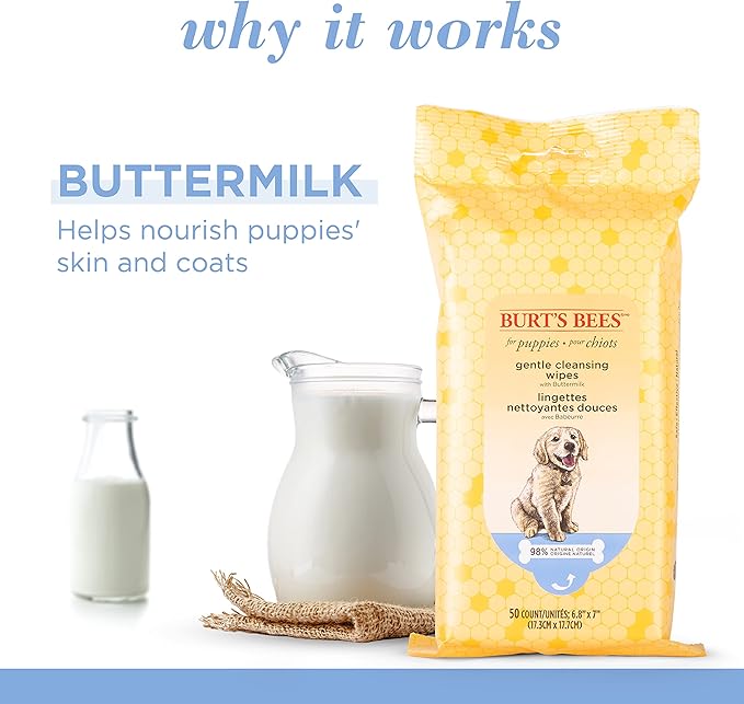 Burt’s Bees for Pets Gentle Cleansing Puppy Wipes with Buttermilk - Hypoallergenic, 98% Natural Origin Wipes That Gently Cleanse and Condition, Safe Formula, 50 Count