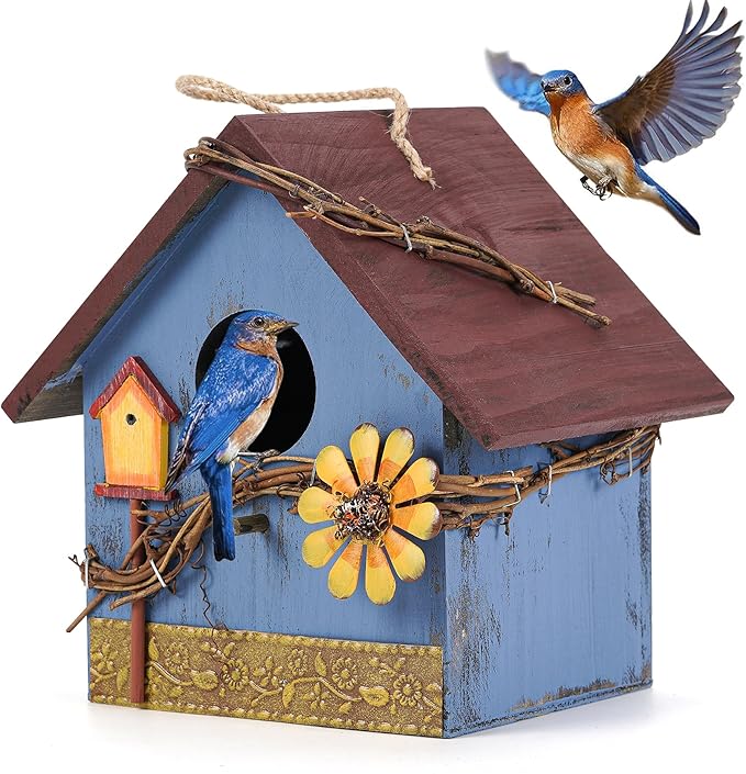 Hanging Bird Houses for Outside Decorative Birdhouse, Garden Bird Feeders for Outdoors, Blue Wooden Bird Nest Box for Wren Finchs Hummingbird Cardinal Bluebird Wild Birds, Gift for Bird Lovers