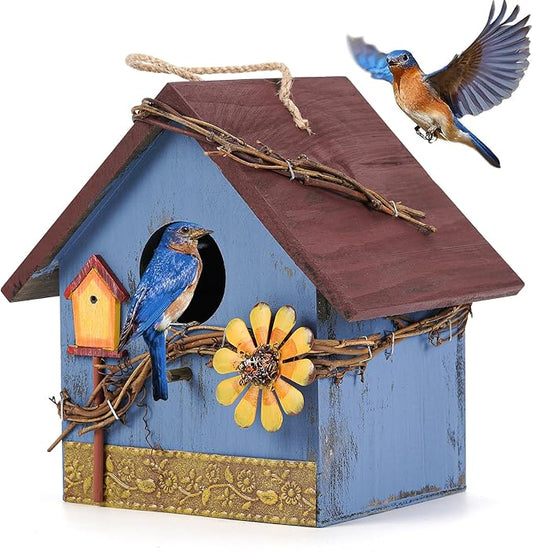 Hanging Bird Houses for Outside Decorative Birdhouse, Garden Bird Feeders for Outdoors, Blue Wooden Bird Nest Box for Wren Finchs Hummingbird Cardinal Bluebird Wild Birds, Gift for Bird Lovers