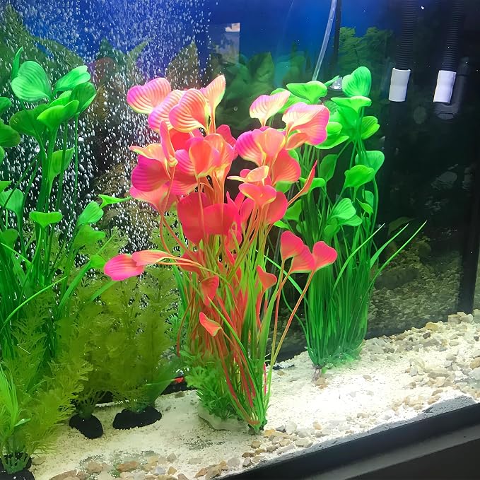 2 Pack Artificial Aquarium Plants, 15.8 Inch Tall, Seaweed, Pink, Plastic, with Weighted Ceramic Base, for Aquarium, Indoor