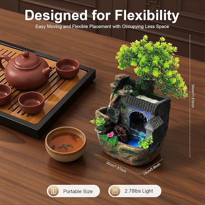 Indoor Fountain Rockery Tabletop Fountain Water Feature Meditation Desktop Fountains for Home Office Decor or Giving 7.87' x 5.9'' x 11.81'' with LED Light