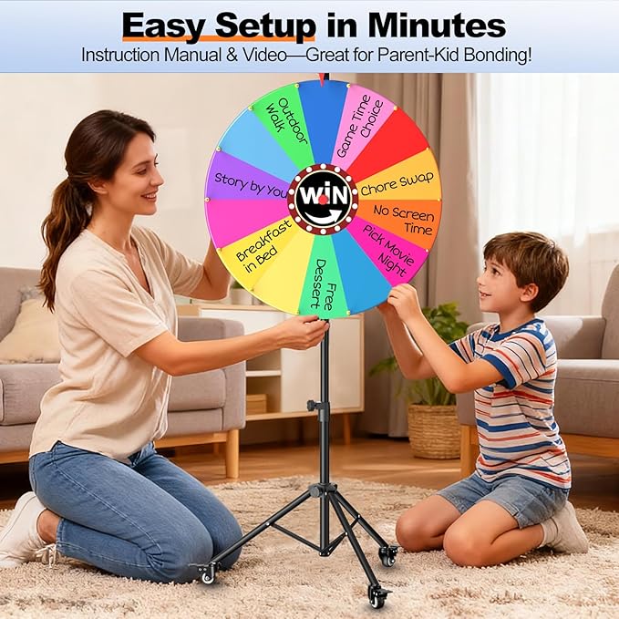 EMART 24-inch Spinning Prize Wheel, 14 Colors Adjustable 34"-60" Spin Doodle Game Spinner with Folding Tripod Stand for Party, Trade Show, Family with Portable Bag