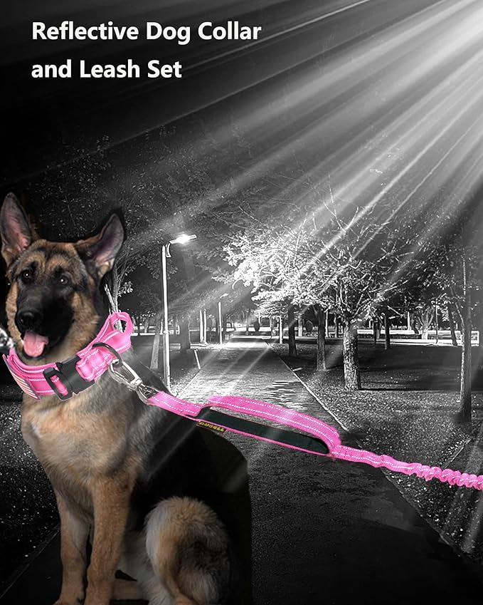 AUBELL Tactical Dog Collar and Leash Set, Reflective Adjustable Heavy Duty Military K9 Collars with Handle and Metal Buckle for Extra Large Dogs, with Airtag Case and 2 Patches(Pink,XL)