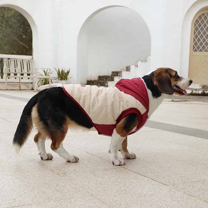 Vecomfy Fleece Lining Extra Warm Dog Hoodie in Winter for Medium Dogs Jacket Pet Coats with Hooded,Beige and Red L