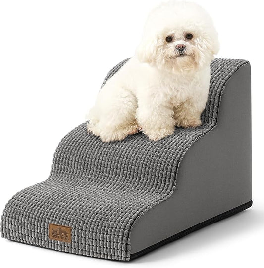 COZY KISS Dog Stairs for Small Dogs 15.7" H, Curved Dog Step for Puppy, Older Cat, Medium Pet Ramp for Sofa, Couch or Chair, Ladder with High Density Foam, 3 Step, 15.7x22.4x15.7 inch, Dark Grey