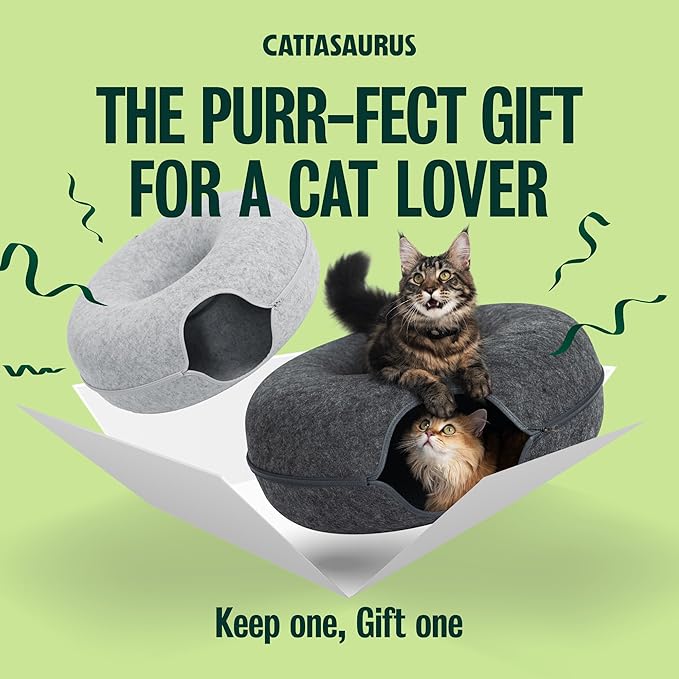 Cattasaurus Peekaboo Cat Cave Duo Jumbo Set, Extra Spacious Cat Donut for Multiple & Large Kitty 15+ lbs, Scratch Detachable Cat Beds for Indoor Cats, Washable Cat Tunnel Bed, Best Kitten Toys