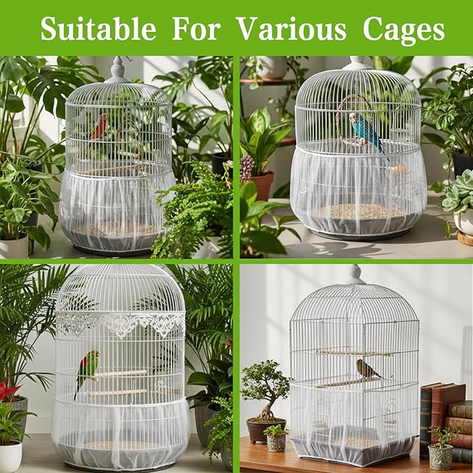 2 Pcs Bird Cage Netting Seed Catcher, Adjustable Bird Cage Skirt Birds Cages Net White Polyester Splash Guard for Parrot Finch Cages