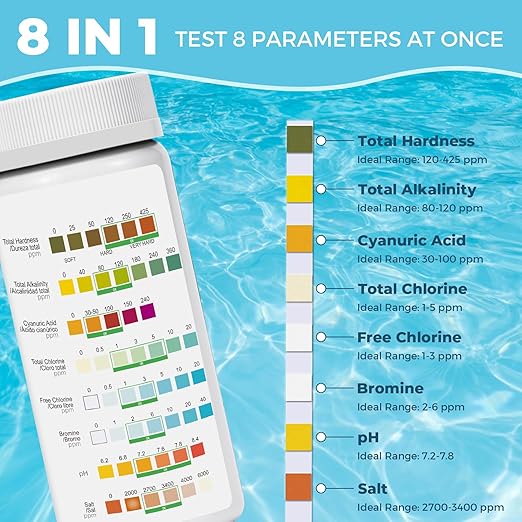 Salt-Water Pool Test Strips Kit: 125 Counts 8-in-1 for Salt Water Pool Testing Kit, Salt Pool Test Strips for Hot Tub Spa Testing Salt Chlorine pH and More