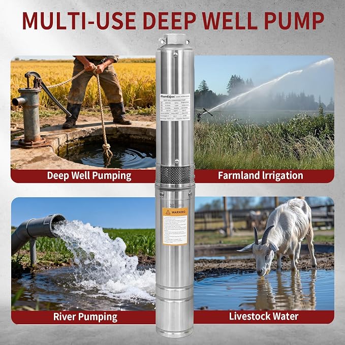 1HP Deep Well Submersible Pump 230V/60Hz, 33GPM, 190ft Head, with 33ft Cable, Stainless Steel Water Well Pump for 4'' Deep Well, Industrial, Irrigation and Home Use Submersible Well Pumps