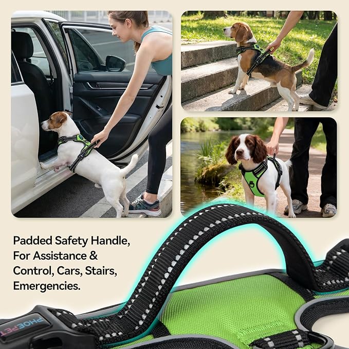 PHOEPET No Pull Dog Harnesses for Small Puppies Reflective Adjustable Front Clip Vest with 2 Metal Leash Attachment Hooks Soft Handle(S, Green)