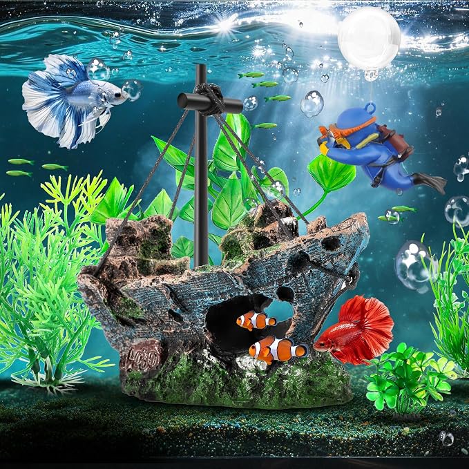 CousDUoBe 6 Pack Little Diver Floating Fish Tank Decoration，Mini Floating Submarine Aquarium Plants Sunken Ship Decoration — Safe Resin Fish Tank Decor for Betta, Shrimp (5.3 x 2.5 x 4.5 inches)