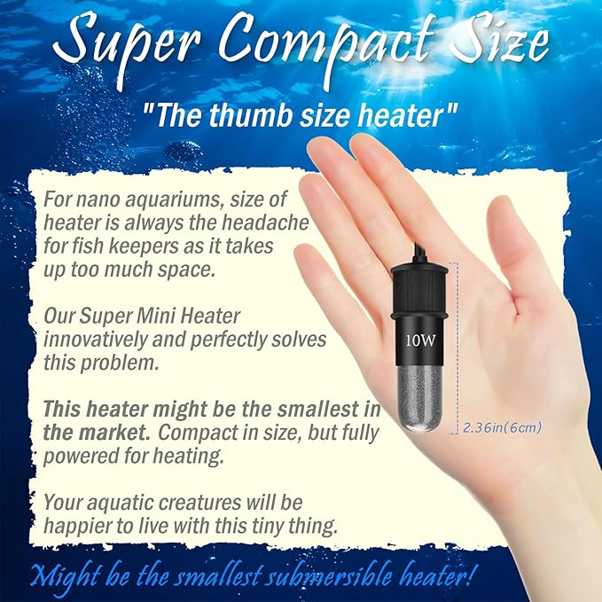 10W Mini Aquarium Heater for 1-2 Gallon Tanks | Submersible Fish Tank Heater with Digital Thermostat, Dry-Run & Overheat Protection, Memory Function