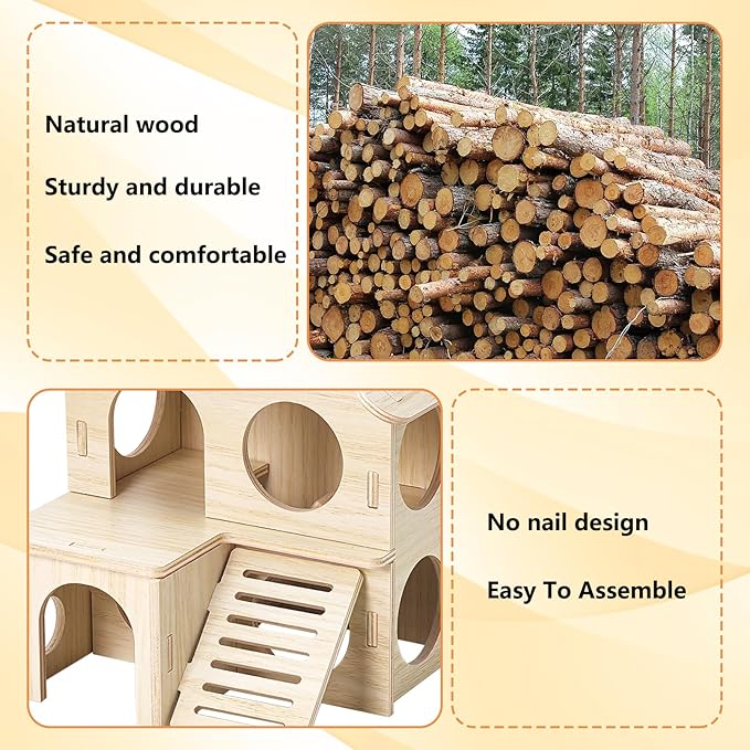 BNOSDM Hamster Tunnel Hideout Set, Wooden Hamster House Toy with Slide & Seesaw, Small Animals Cage Accessories for Syrian Dwarf Hamsters, Gerbils