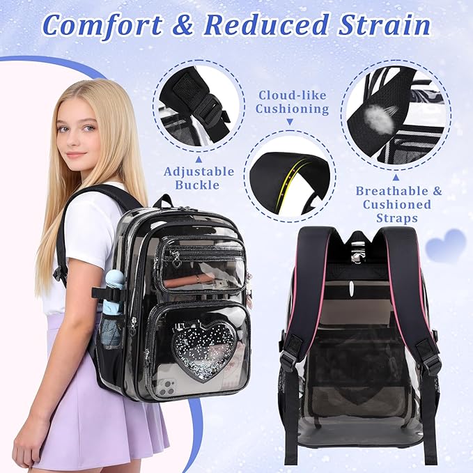 Clear Backpack for School Girls, Cute Heavy Duty PVC Transparent Bookbag, See-Through Bag for Stadium Event Semi-Black