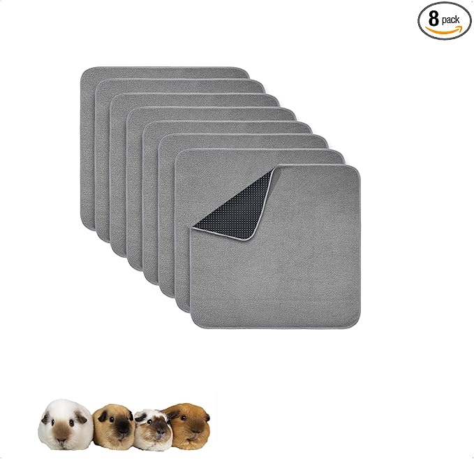 Guinea Pig Cage Liner, 8 Pack - Washable, Reusable, Leakproof Fleece Bedding Pads for Small Animals with Anti-Slip Bottom - for C&C 12''X12'' Area, Gray