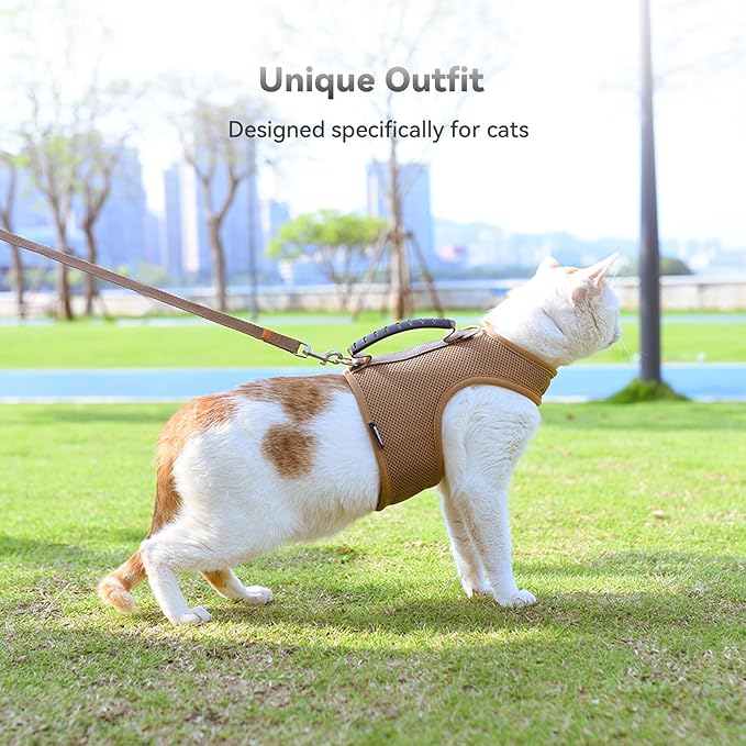 Kitty Harness and Leash for Walking Escape Proof Breathable Mesh Fabric, Solid Brown, Small, Adjustable Cat Walking Jackets with Handle, Padded Stylish Cat Vest