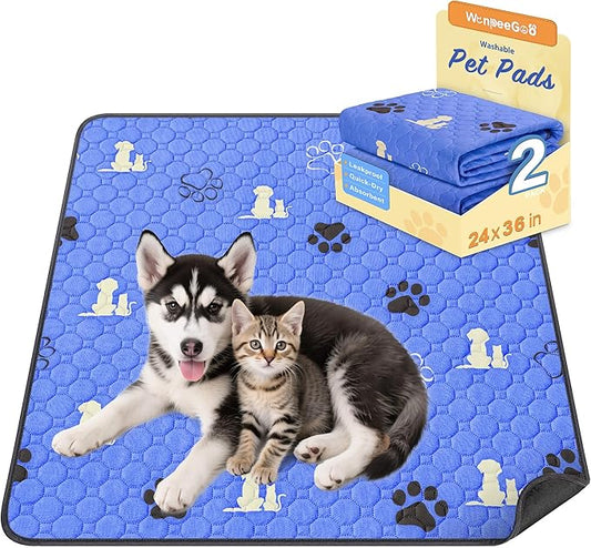 WanpeeGoo Washable Pee Pads for Dogs Mat, 2 Pack Absorbent Reusable Training Dog Pads Pet Puppy Pads, Non-Slip Potty Pads for Whelping, Playpen, Crate, Bed, Blue 24"x36"