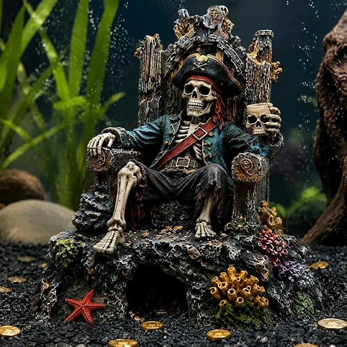 Pirate Skeleton Throne Aquarium Ornament Resin Fish Tank Hideout Cave for Small Fish Realistic Skull King Castle Decor 15cm Gothic Gothic Statues Freshwater Saltwater C