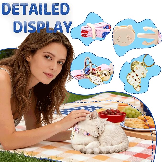 Elegant little tail Independence Cat Collar- 2 Pack Flag Print Cotton Breakaway Cat Collars with Bell Pendant Kitten Boy Girl Safety Adjustable Collar for Small Cats Puppy