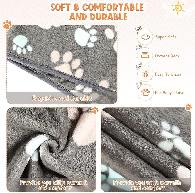 Tatuo 4 Pack Fleece Dog Blankets for Puppy Cats Multi-Size Sleep Mat for Pet Guinea Pig Soft Washable Warm Crate Bed Puppy Teething Toys Print Pattern Blanket Indoor(Dark Gray,24 x 16 Inch,Paw)