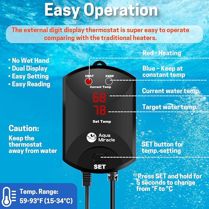 AquaMiracle Upgraded 200W Aquarium Heater Fish Tank Heater Turtle Heater Super Compact Aquarium Heater, Dry-Run/Overheating Protection and Memory Function, Dual LED Display, for 20-40 Gal Tanks