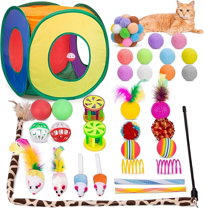 Retro Shaw Cat Toys Pack 33Pcs, Interactive Kitten Toys for Indoor Kittens Cats, Collapsible Kitty Play Tunnel Tent Feather Wand Balls Bell Springs Mouse Kitty Toys for All Breeds 15.7 Inches