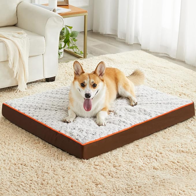 Figopage Orthopedic Dog Beds Large Sized Dog, Memory Foam Dogs Bed with Removable Cover, Washable Pet Mat Non-Slip Bottom, Waterproof Pet Crate Pad, 42×28, Brown